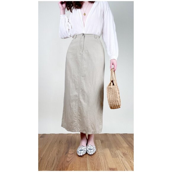 Vintage Linen High or Low Rise Maxi Skirt Straight Column Fit 90s Y2K Euro Girl - Picture 5 of 10